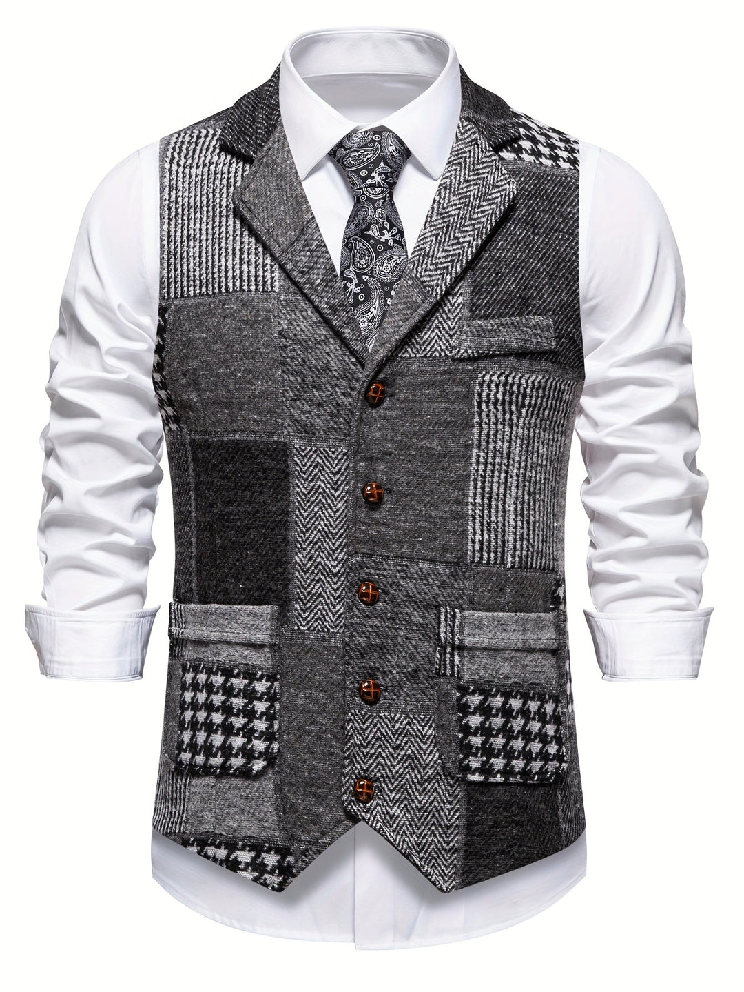 Leo | Chaleco de tweed patchwork con patrón de espiga